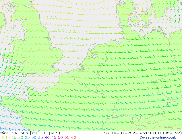 风 700 hPa EC (AIFS) 星期日 14.07.2024 06 UTC