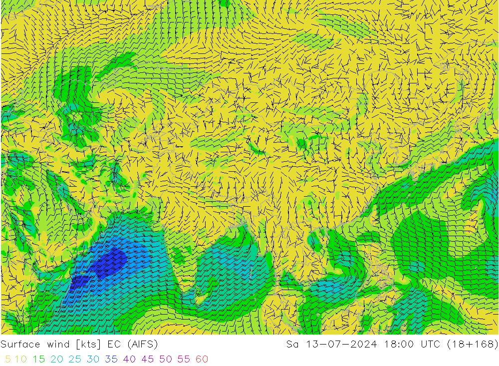 Wind 10 m EC (AIFS) za 13.07.2024 18 UTC