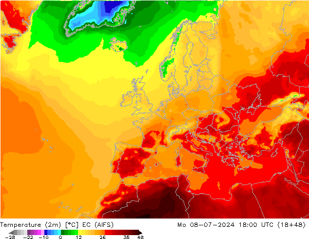 Temperatuurkaart (2m) EC (AIFS) ma 08.07.2024 18 UTC