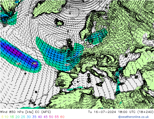 Wind 850 hPa EC (AIFS) di 16.07.2024 18 UTC