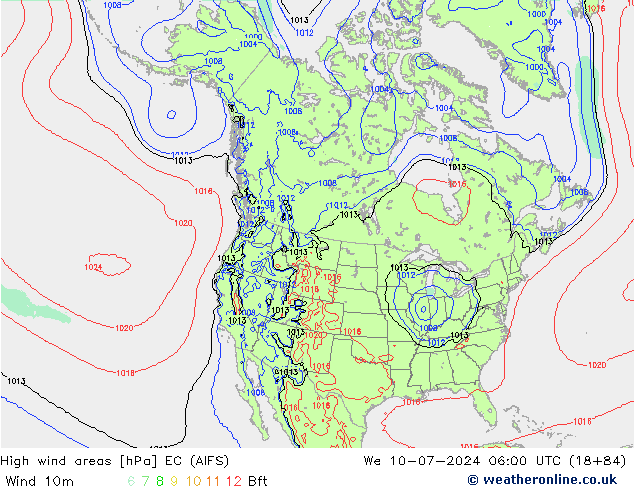 High wind areas EC (AIFS) 星期三 10.07.2024 06 UTC