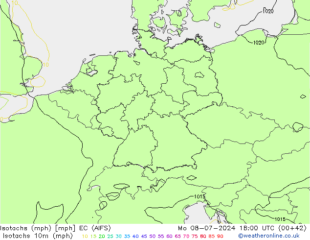 Isotachs (mph) EC (AIFS) 星期一 08.07.2024 18 UTC