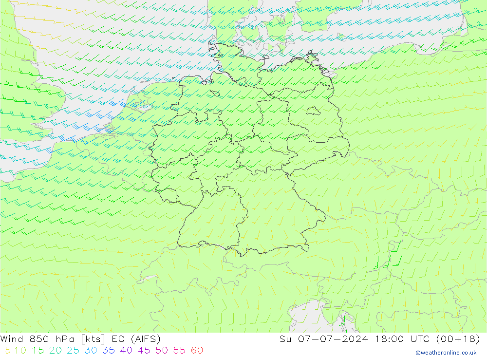 Wind 850 hPa EC (AIFS) zo 07.07.2024 18 UTC