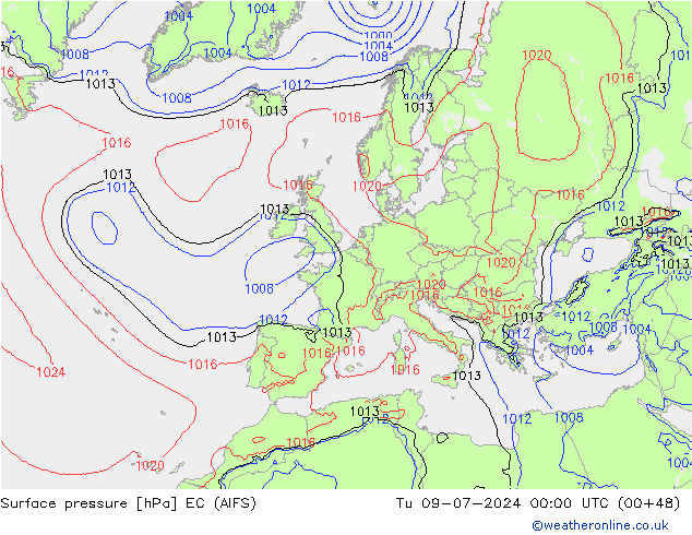 地面气压 EC (AIFS) 星期二 09.07.2024 00 UTC