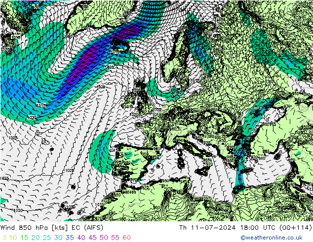 Wind 850 hPa EC (AIFS) do 11.07.2024 18 UTC
