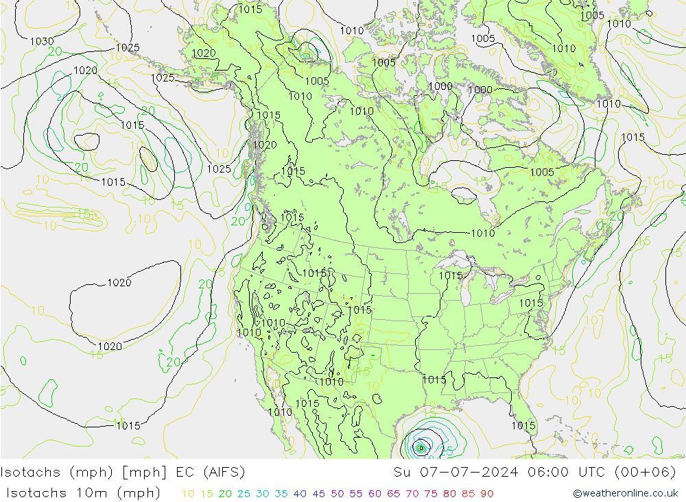 Isotachen (mph) EC (AIFS) zo 07.07.2024 06 UTC