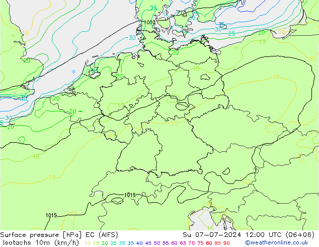 Isotachen (km/h) EC (AIFS) zo 07.07.2024 12 UTC