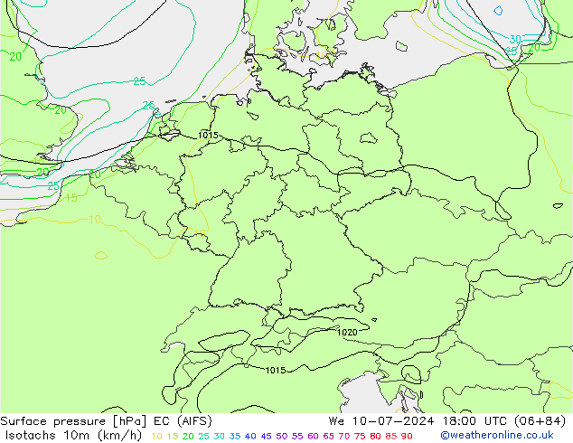 Isotachen (km/h) EC (AIFS) wo 10.07.2024 18 UTC