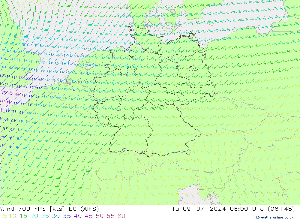 风 700 hPa EC (AIFS) 星期二 09.07.2024 06 UTC