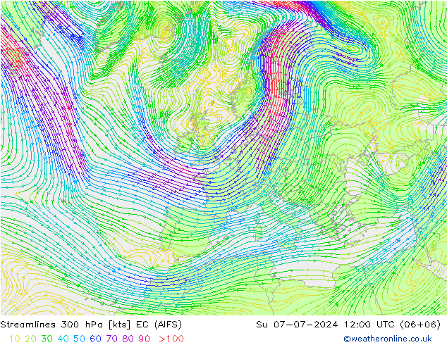 风 300 hPa EC (AIFS) 星期日 07.07.2024 12 UTC
