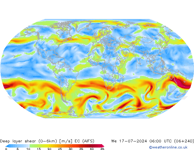 Deep layer shear (0-6km) EC (AIFS) 星期三 17.07.2024 06 UTC