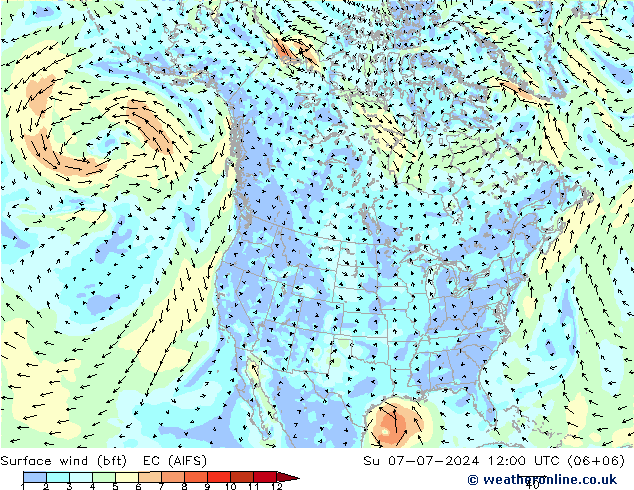 Wind 10 m (bft) EC (AIFS) zo 07.07.2024 12 UTC