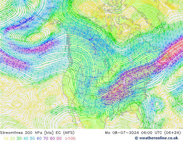 风 200 hPa EC (AIFS) 星期一 08.07.2024 06 UTC