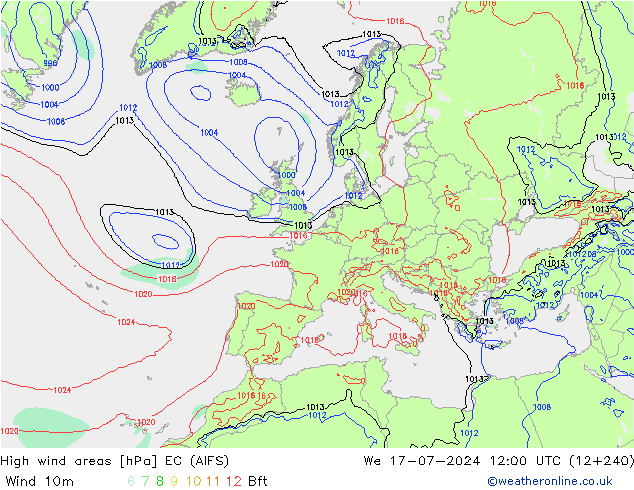 High wind areas EC (AIFS) 星期三 17.07.2024 12 UTC