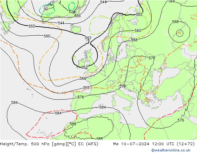 Hoogte/Temp. 500 hPa EC (AIFS) wo 10.07.2024 12 UTC