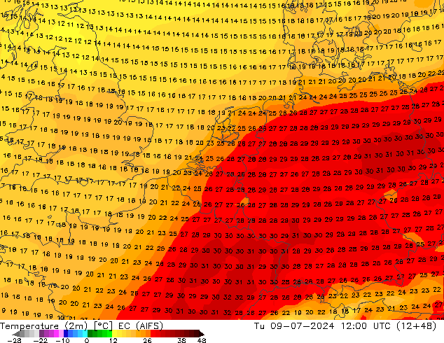 温度图 EC (AIFS) 星期二 09.07.2024 12 UTC