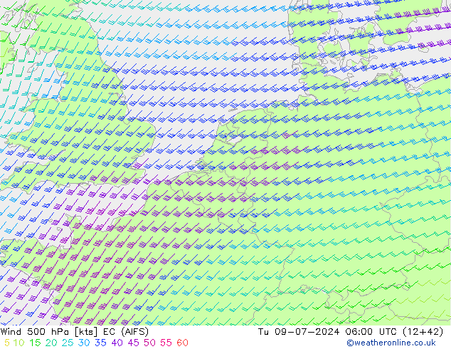 Wind 500 hPa EC (AIFS) di 09.07.2024 06 UTC