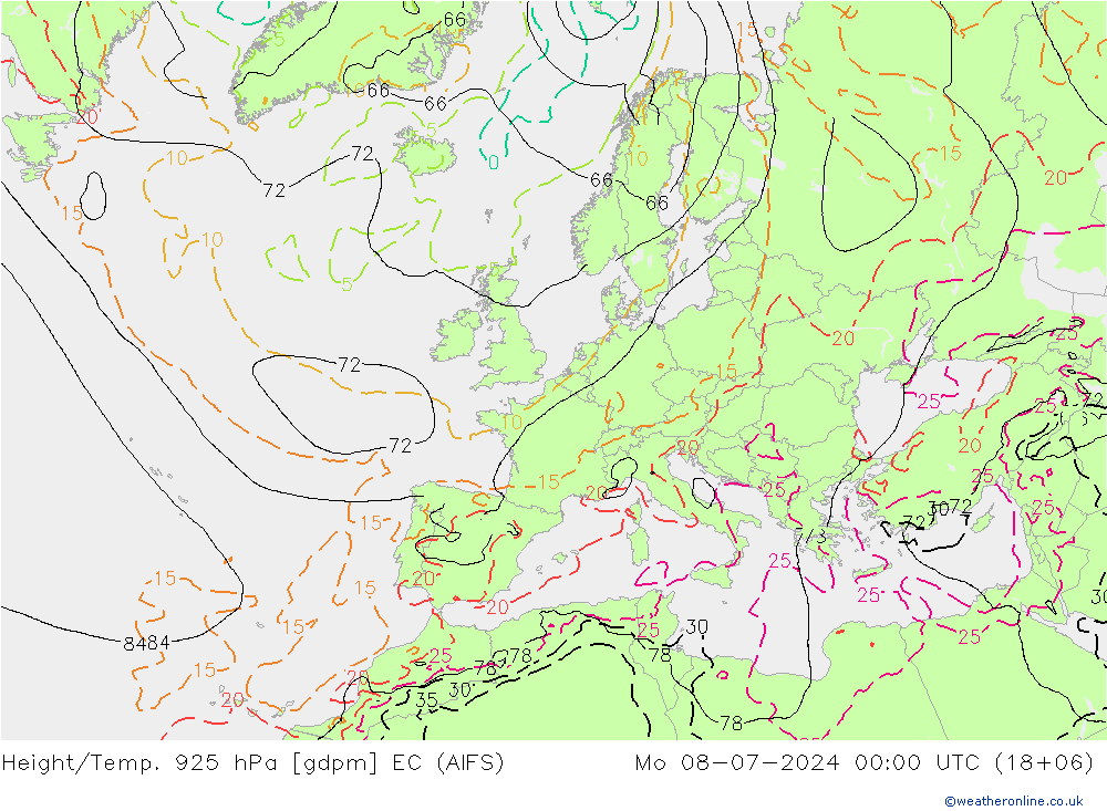 Height/Temp. 925 hPa EC (AIFS) 星期一 08.07.2024 00 UTC