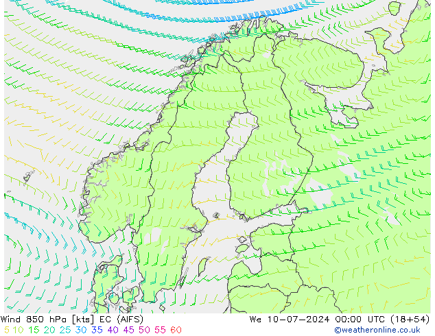 风 850 hPa EC (AIFS) 星期三 10.07.2024 00 UTC