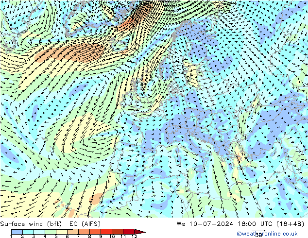 Wind 10 m (bft) EC (AIFS) wo 10.07.2024 18 UTC