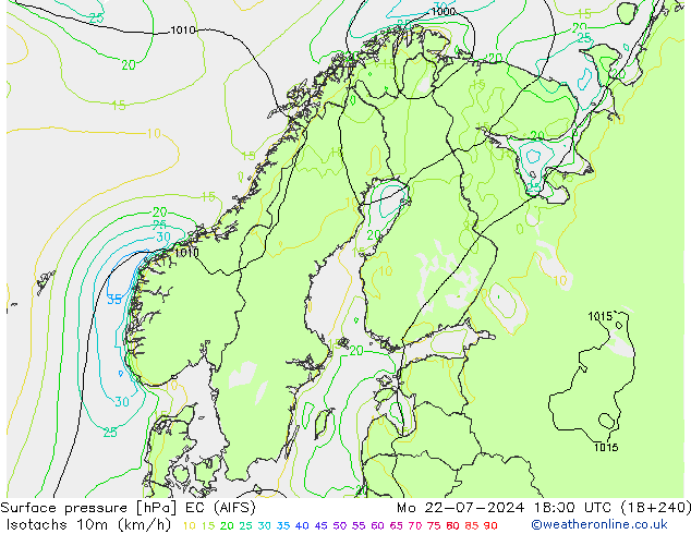 Isotachen (km/h) EC (AIFS) ma 22.07.2024 18 UTC