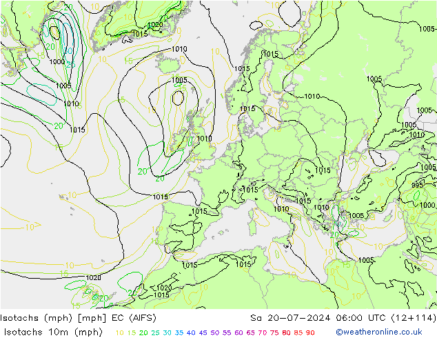 Isotachs (mph) EC (AIFS) 星期六 20.07.2024 06 UTC