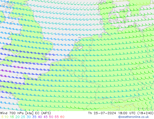 风 700 hPa EC (AIFS) 星期四 25.07.2024 18 UTC