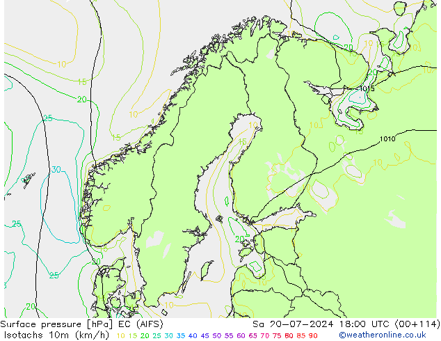 Isotachen (km/h) EC (AIFS) za 20.07.2024 18 UTC