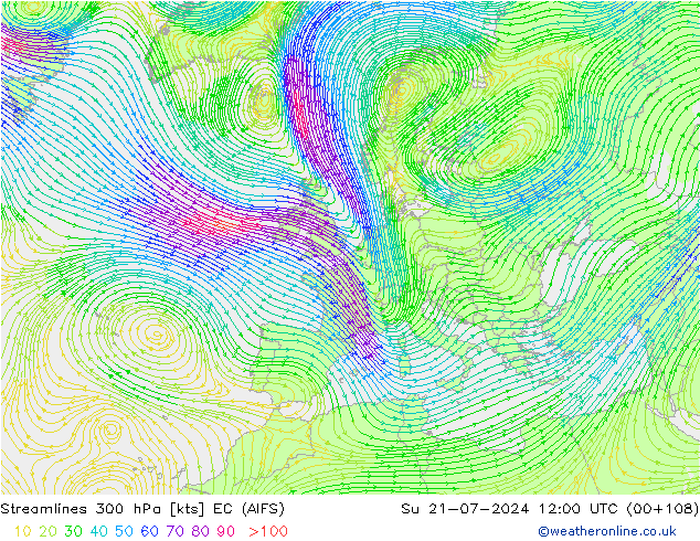风 300 hPa EC (AIFS) 星期日 21.07.2024 12 UTC