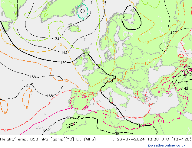 Hoogte/Temp. 850 hPa EC (AIFS) di 23.07.2024 18 UTC
