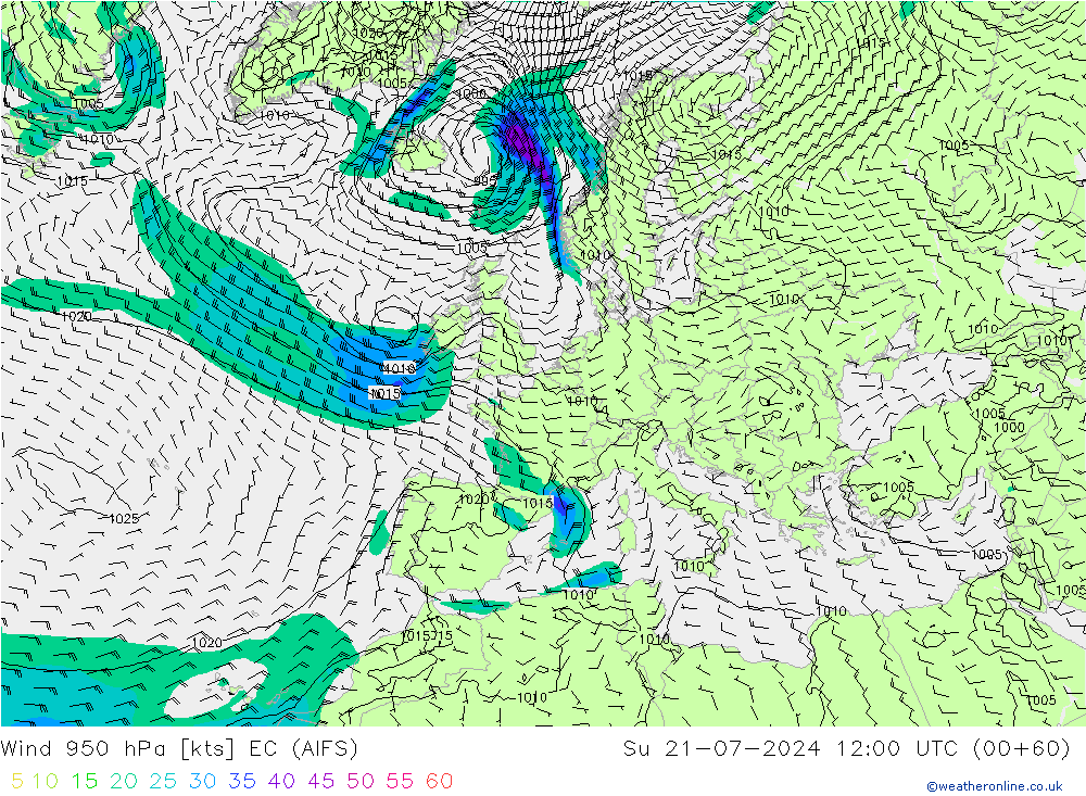 Wind 950 hPa EC (AIFS) zo 21.07.2024 12 UTC