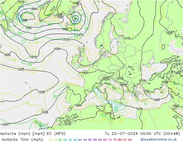 Isotachen (mph) EC (AIFS) di 23.07.2024 00 UTC