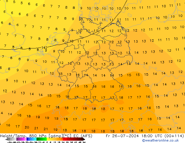 Hoogte/Temp. 850 hPa EC (AIFS) vr 26.07.2024 18 UTC