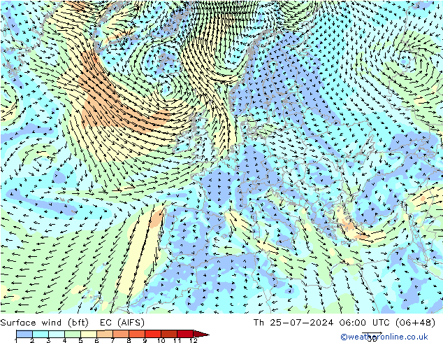 Wind 10 m (bft) EC (AIFS) do 25.07.2024 06 UTC