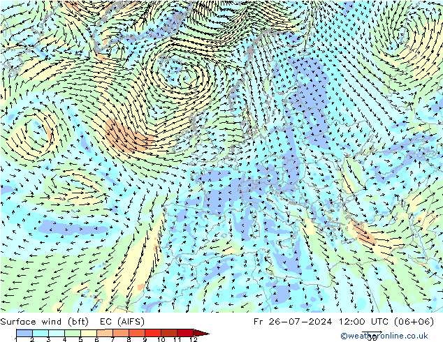 Wind 10 m (bft) EC (AIFS) vr 26.07.2024 12 UTC