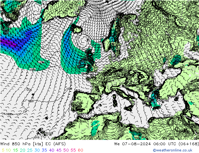 Wind 850 hPa EC (AIFS) wo 07.08.2024 06 UTC