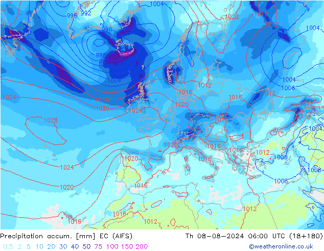 Precipitation accum. EC (AIFS) 星期四 08.08.2024 06 UTC