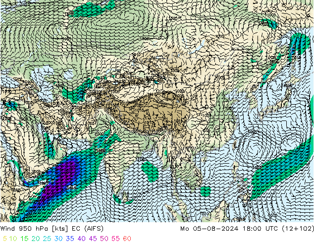 Wind 950 hPa EC (AIFS) ma 05.08.2024 18 UTC