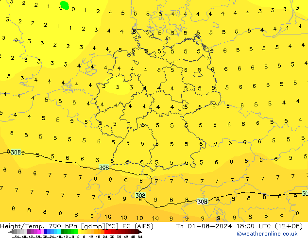 Hoogte/Temp. 700 hPa EC (AIFS) do 01.08.2024 18 UTC