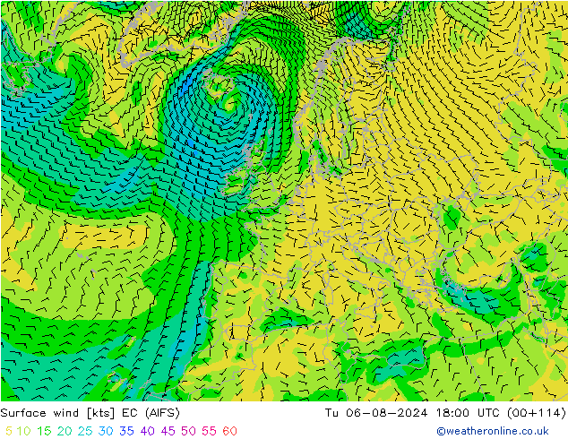 Wind 10 m EC (AIFS) di 06.08.2024 18 UTC