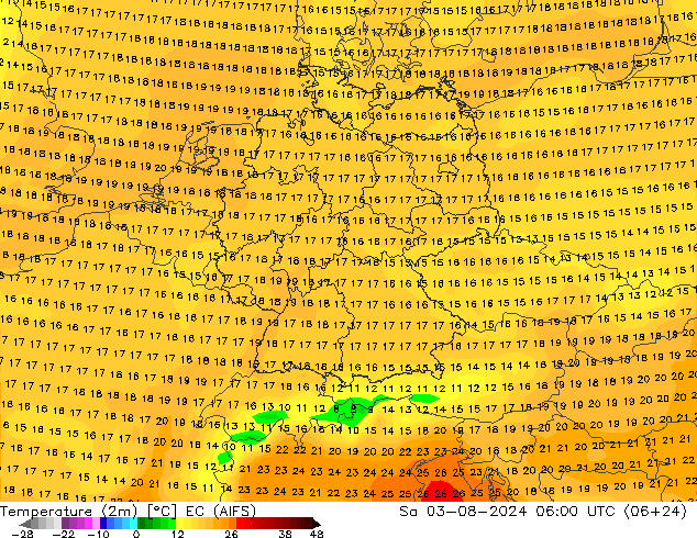 Temperatuurkaart (2m) EC (AIFS) za 03.08.2024 06 UTC