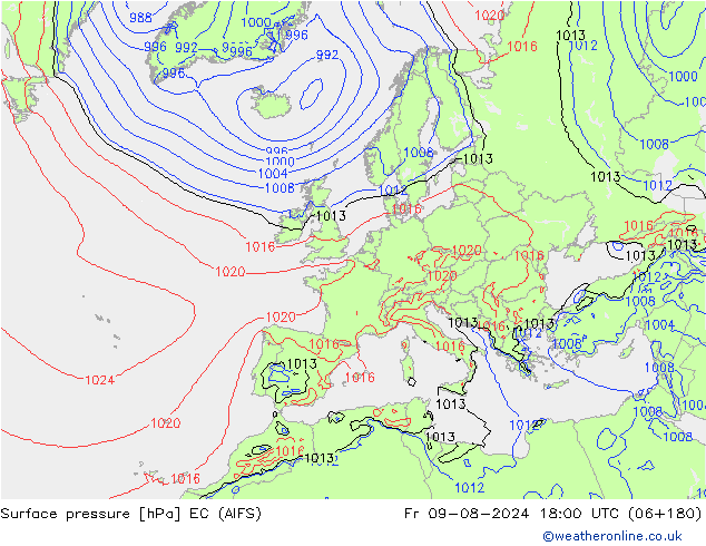 地面气压 EC (AIFS) 星期五 09.08.2024 18 UTC
