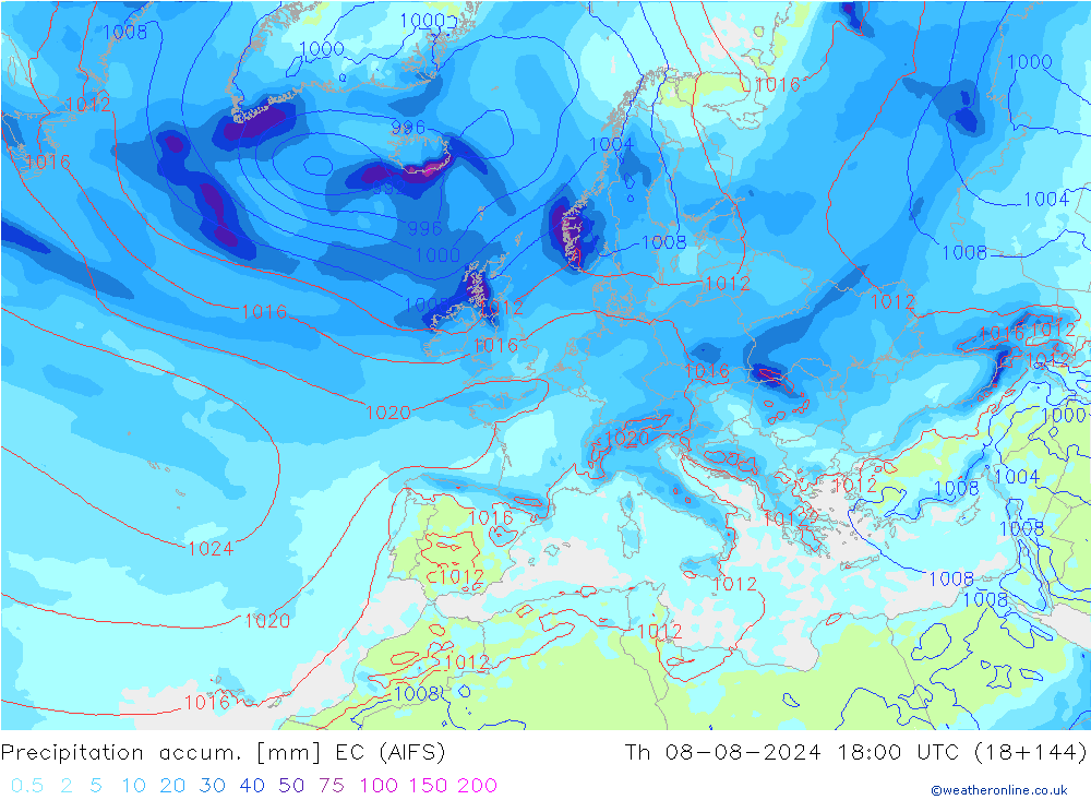 Precipitation accum. EC (AIFS) 星期四 08.08.2024 18 UTC