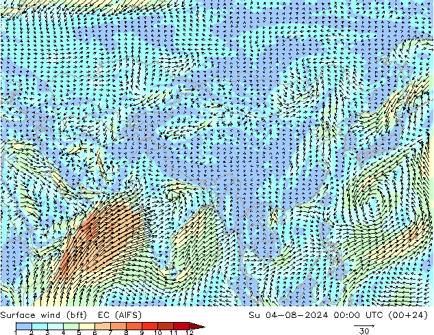 Wind 10 m (bft) EC (AIFS) zo 04.08.2024 00 UTC