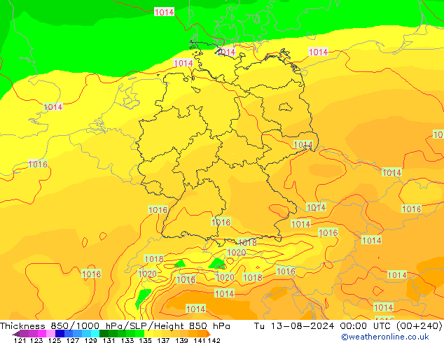 Dikte 850-1000 hPa EC (AIFS) di 13.08.2024 00 UTC