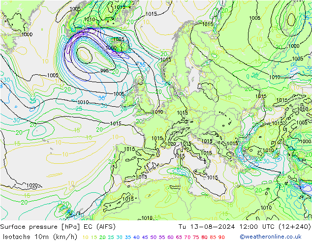 Isotachen (km/h) EC (AIFS) di 13.08.2024 12 UTC