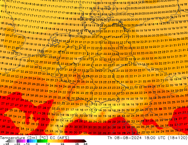 Temperatuurkaart (2m) EC (AIFS) do 08.08.2024 18 UTC