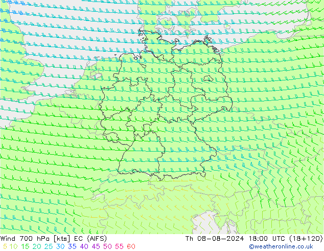 Wind 700 hPa EC (AIFS) do 08.08.2024 18 UTC