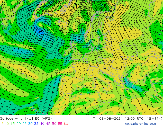 Wind 10 m EC (AIFS) do 08.08.2024 12 UTC