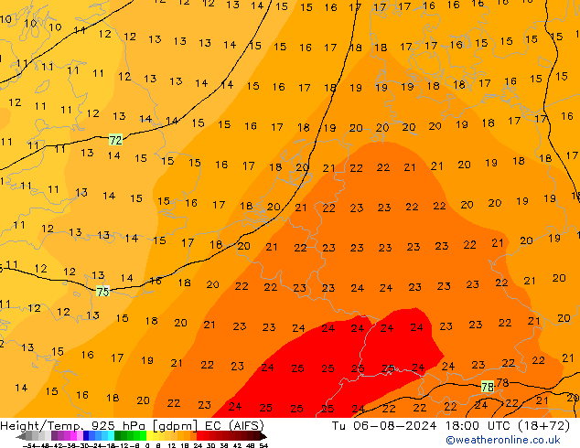 Hoogte/Temp. 925 hPa EC (AIFS) di 06.08.2024 18 UTC